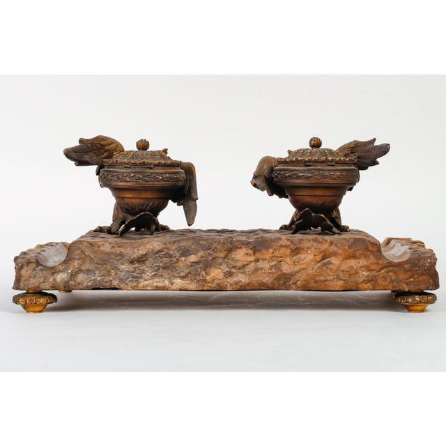Marble and Gilt Bronze Inkwell from the 19th Century, Napoleon Iii Period. For Sale - Image 6 of 8