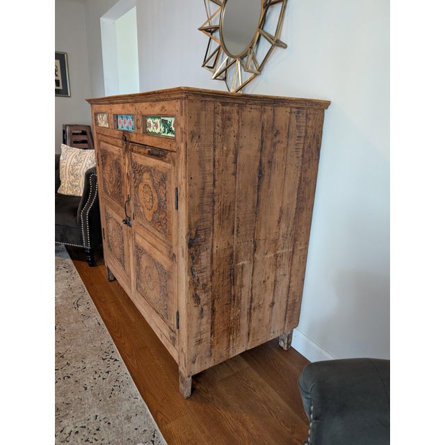 Stunning Antique Indonesian Carved Teakwood Cabinet With Majolica Ceramic Tiles For Sale - Image 9 of 14