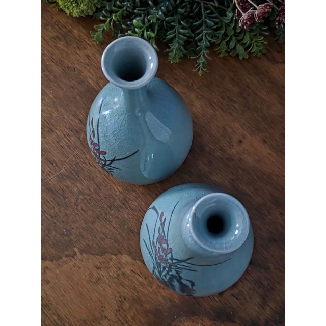 Vintage Asian Hand Painted Celadon Vases For Sale In New York - Image 6 of 13