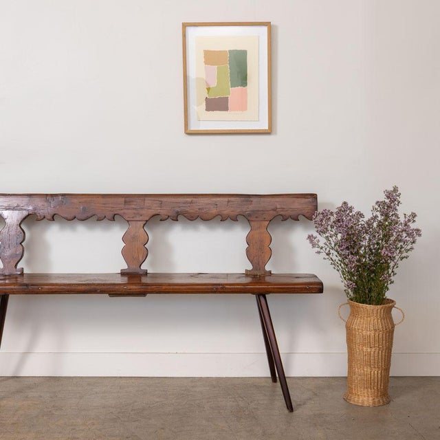Stunning carved wood bench from Italy, 1950s. Brutalist design with plank wood seat, lovely carved wood beam back and...