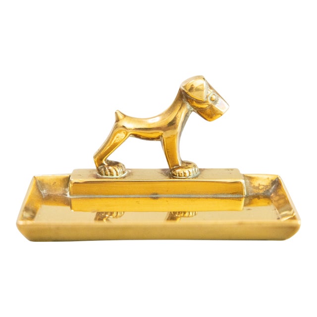 Art Deco English Brass Dog Catchall Tray Vide Poche For Sale