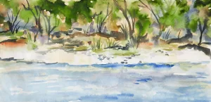 Vintage Plein Air Riverside Watercolor Landscape Painting