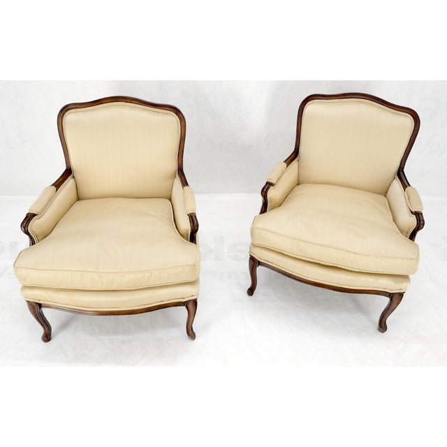 Pair Down Filled Cushions Silk Like Upholstery Carved Legs French Lounge Chairs For Sale - Image 14 of 15
