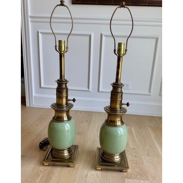 Wood Vintage Stiffel Celadon Green Ceramic & Solid Brass “Ostrich Egg” Table Lamps – Pair For Sale - Image 7 of 7