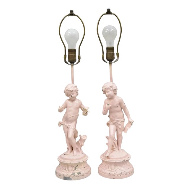 Antique French Renaissance Figural Spelter Metal Figural Cherub Table Lamps Pair For Sale