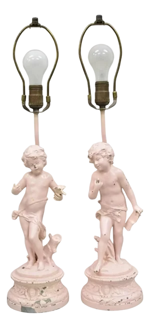 Antique French Renaissance Figural Spelter Metal Figural Cherub Table Lamps Pair