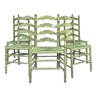 Vintage Green and Gold French Country Rush Seat Ladder Back Dining Chairs, Set of 5 For Sale
