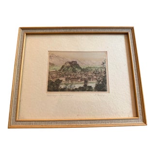 1950s Vintage Hand-Colored Signed Etching of Salzburg Austria by Josef Felsberger For Sale