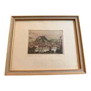 1950s Vintage Hand-Colored Signed Etching of Salzburg Austria by Josef Felsberger