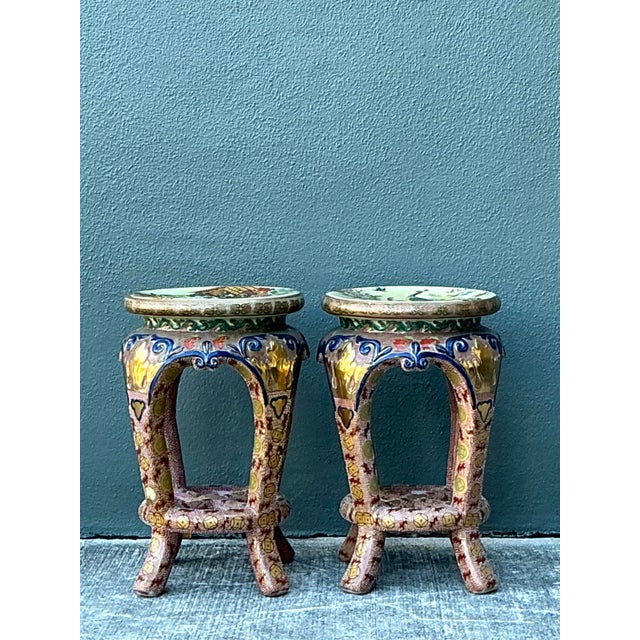 Vintage Asian Glazed Ceramic Low Stools - A Pair For Sale - Image 4 of 12