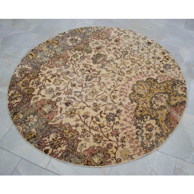 Beige Round Turkish Rug Upcycled Vintage Hand Knotted Wool Circle Area Rug 5'3" X 5'3" For Sale - Image 8 of 13