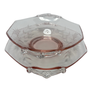 Early 20th Century Art Deco Blush Pink Etched Glass Handled Bowl With Fitted Underplate