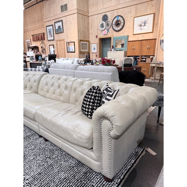 Ivory Top-Grain Leather Chesterfield Sectional Sofa With Deep Button Tufting & Nailhead Trim For Sale In New York - Image 6 of 11