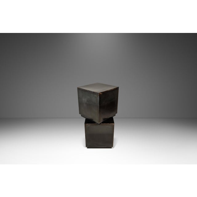 Set of Two (2) Mid-Century Modern Industrial Brutalist Cubes / End Tables / Pedestals in Patinaed Metal, Usa, C. 1970s For Sale - Image 4 of 17