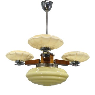 Art Deco Czechoslovak Chandelier in Walnut Chrome and Glass, 1940s For Sale