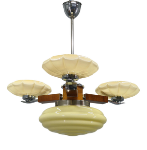 Art Deco Czechoslovak Chandelier in Walnut Chrome and Glass, 1940s