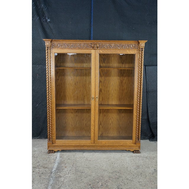 Wood Antique American Renaissance Revival Quartersawn Oak Bookcase Display Cabinet For Sale - Image 7 of 18