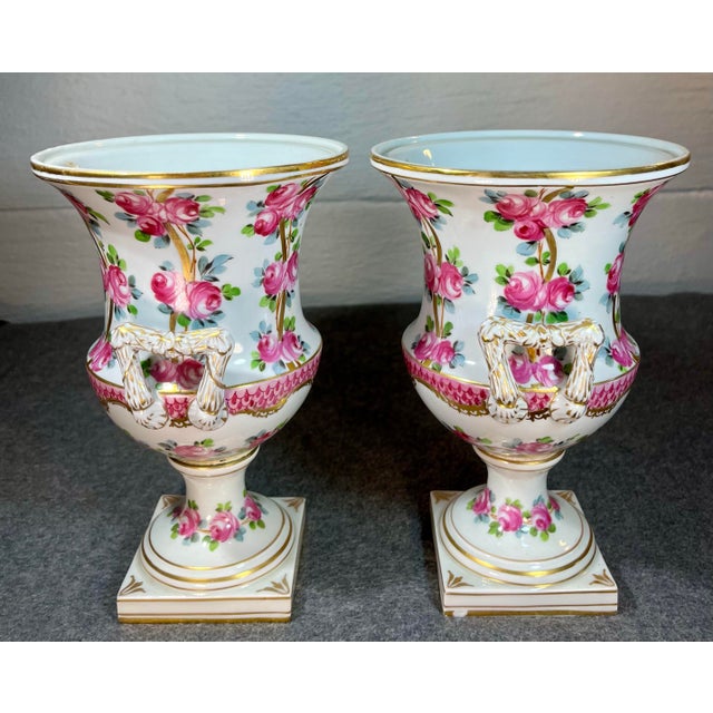 Ceramic Antique Pair of Dresden Rose Porcelain Urns For Sale - Image 7 of 11