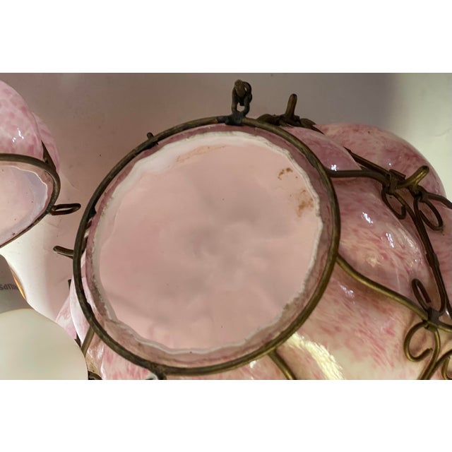 Mid 20th Century Mid Century Modern Italian Mottled Pink Cased Glass Caged Pendant Light Lantern For Sale - Image 9 of 12