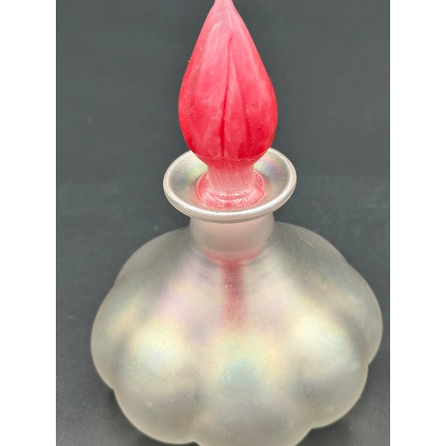 Contemporary Vintage Iridescent Art Glass Perfume Bottle With Red Sculptural Stopper For Sale - Image 3 of 8
