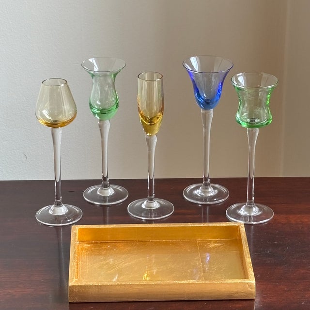 Vintage Hand-Blown Cordial / Liqueur Glasses & Giltwood Tray For Sale In Baltimore - Image 6 of 13