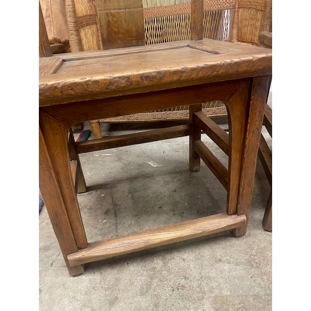 Wood Vintage Pair Asian Elmwood Oriental Wood Yoke Back Dining / Side Chairs For Sale - Image 7 of 18