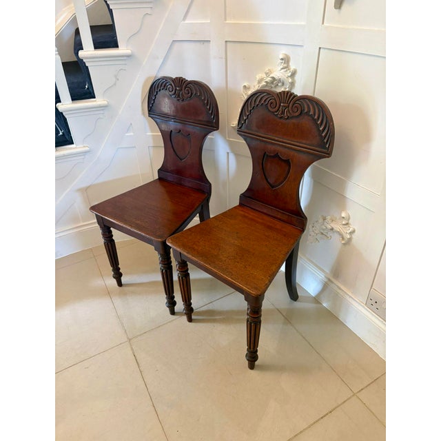 Hollywood Regency Antique Regency Carved Mahogany Hall Chairs, 1860, Set of 2 For Sale - Image 3 of 12