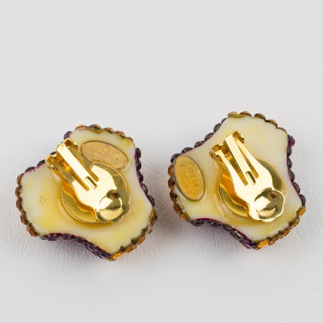 Richard Kerr Richard Kerr Purple and Topaz Jeweled Paved Pair of Clip Earrings For Sale - Image 4 of 6