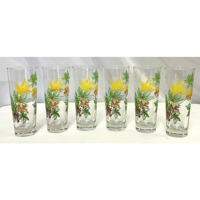 Mid-Century Modern Vintage Highball Glasses With Fall Leaves Design and Caddy- Set of 7 For Sale - Image 3 of 12