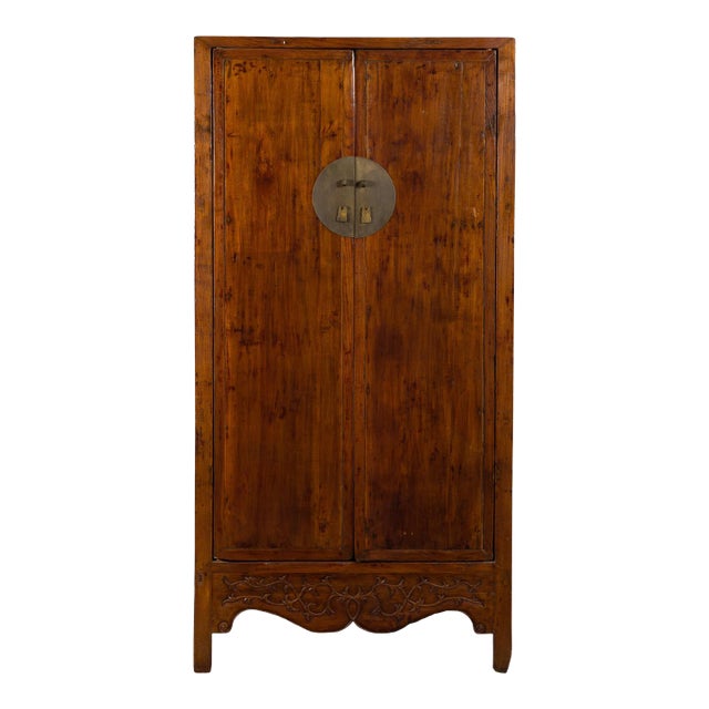 19th Century Chinese Qing Dynasty Brown Finish Cabinet with Carved Apron For Sale