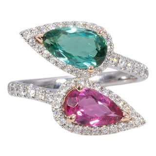 Toi Et Moi Pink & Indicolite Tourmaline Ring With Diamonds: 14k Gold, Pear Cut, Size 5.25 For Sale