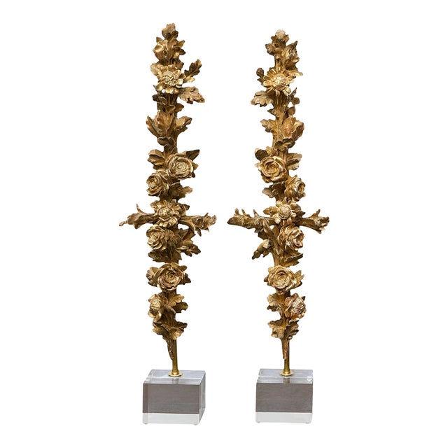 Pair of 19th Century Rococo Revival Giltwood Floral Carvings on Lucite Bases For Sale