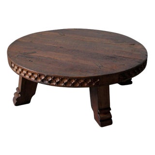 Rustic Round Carved Oak Coffee Table, Netherlands, 1950s For Sale
