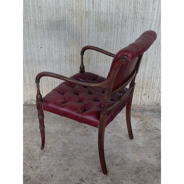 Early 20th Century Set of Ten Restored Early 20th Century Chesterfield Hardwood Red Leather Dining Armchairs For Sale - Image 5 of 18