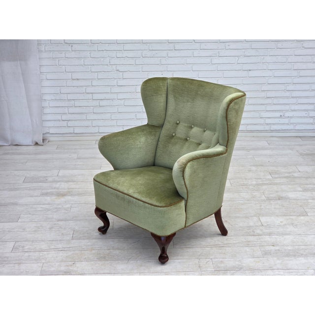 Scandinavian Armchair in Green Furniture Velour and Oak Wood Legs, 1960s For Sale - Image 14 of 18