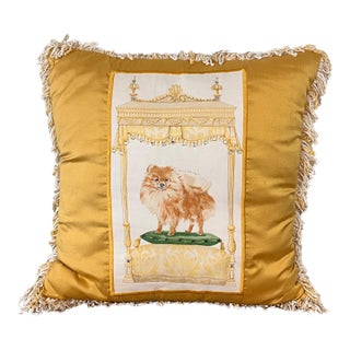 Late 20th Century Pomeranian Dog Throw Pillow With Beaded Canopy and Fringe Trim For Sale