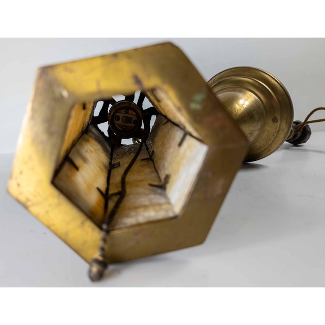20th Century Arts & Crafts Brass and Slag Glass Gothic Tudor Revival Pendant Light For Sale - Image 15 of 15