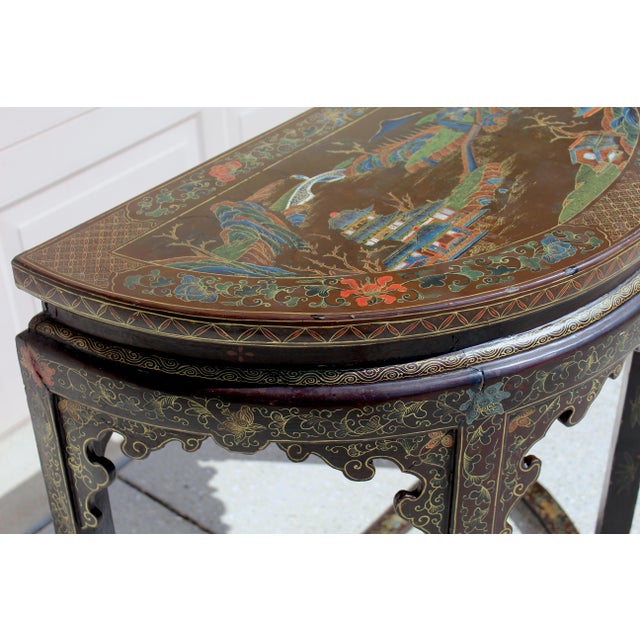 Antique 19th Century Chinese Brown Lacquer Demi-Lune Console Table | Hand-Painted Gilt Decor For Sale In Naples, FL - Image 6 of 17