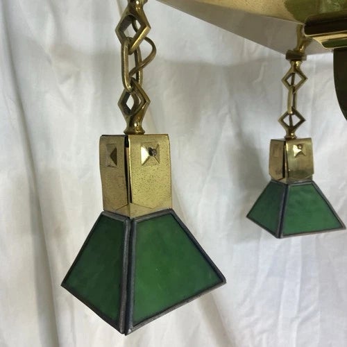 Brass Antique Tungstolier 4 Light Brass Chandelier Mission Arts Craft Green Slag Glass For Sale - Image 8 of 11
