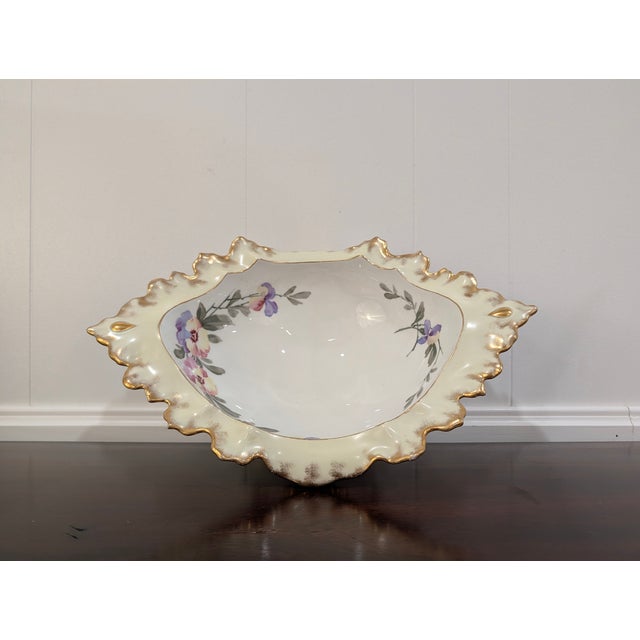 Vintage Hand-Painted Hollywood Regency Porcelain Centerpiece Bowl With Gilt Trim & Floral Motif For Sale - Image 11 of 13