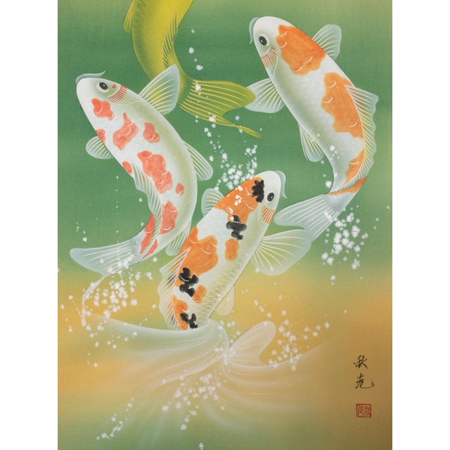 "Dancing Carps" by Akimitsu Sataka, Japanese Silk Scroll Painting in Original Wooden Case For Sale - Image 4 of 18
