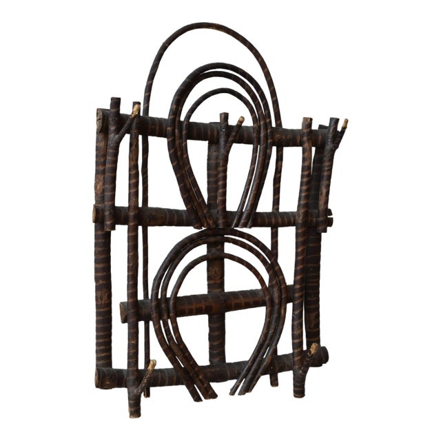 Antique Adirondack Twig Wall Rack With Carved Stripe Detailing, Circa 1940s-50s For Sale