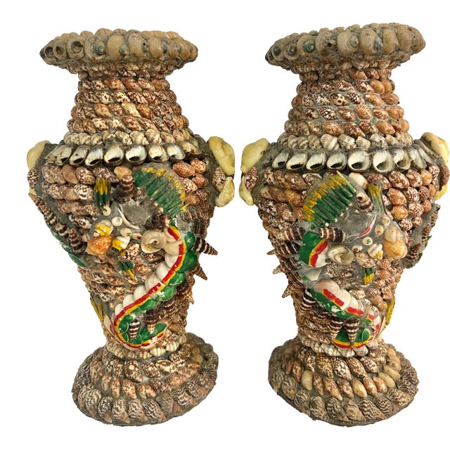 Mid-Century Shell Encrusted Coastal Vases With Sea Dragon Motif – Pair For Sale