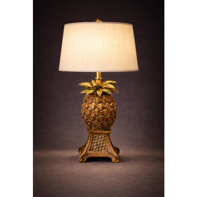 Late 20th Century Late 20th Century Petite Tropical Palm Tree & Pineapple Table Lamps With Linen Drum Shades – Hollywood Regency Coastal Style, 16” H - a Pair For Sale - Image 5 of 10