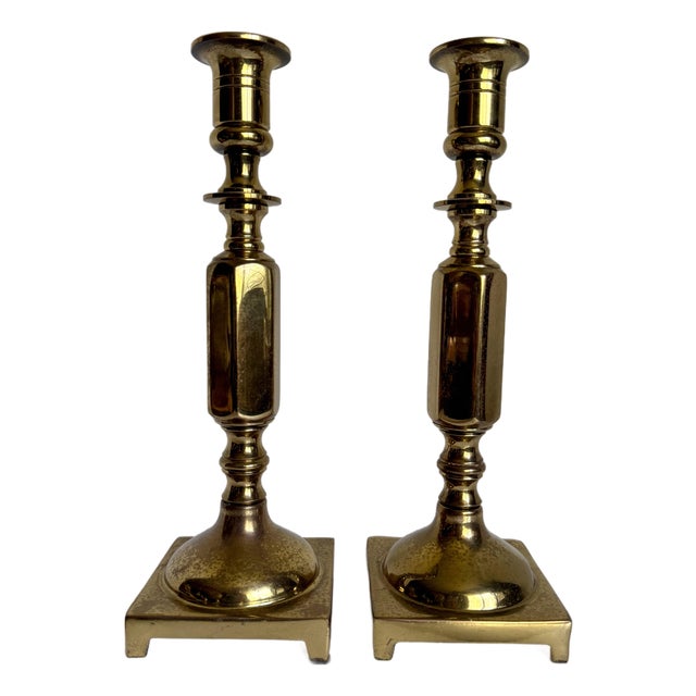 Pair of Vintage American Solid Brass Neoclassical Candlestick Holders For Sale