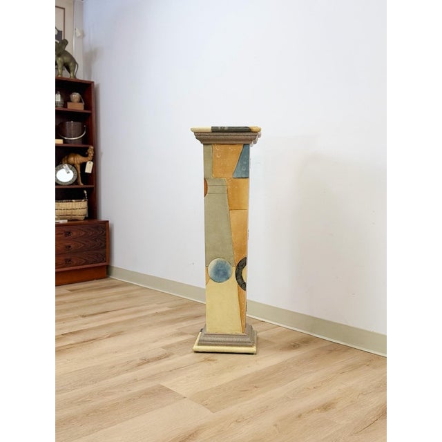 Vintage Postmodern Art Deco Hand Painted Pedestal Hidden Storage Cubist Column For Sale - Image 4 of 9