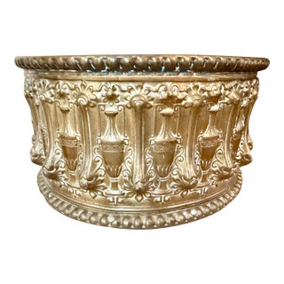 Antique French Revival Repoussé Brass Jardinière Cachepot, Embossed Classical Urn Motif Planter C 1890–1915 For Sale
