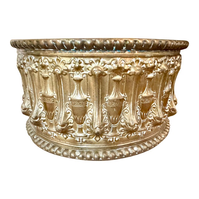 Antique French Revival Repoussé Brass Jardinière Cachepot, Embossed Classical Urn Motif Planter C 1890–1915 For Sale