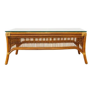 Midcentury Organic Modern Rattan Glass Top Cocktail Table For Sale