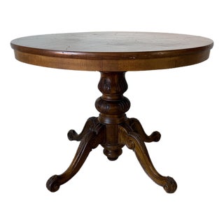 Vintage English Style Round Dining Table With Patchwork Burl Walnut Veneer Top & Carved Pedestal Base For Sale